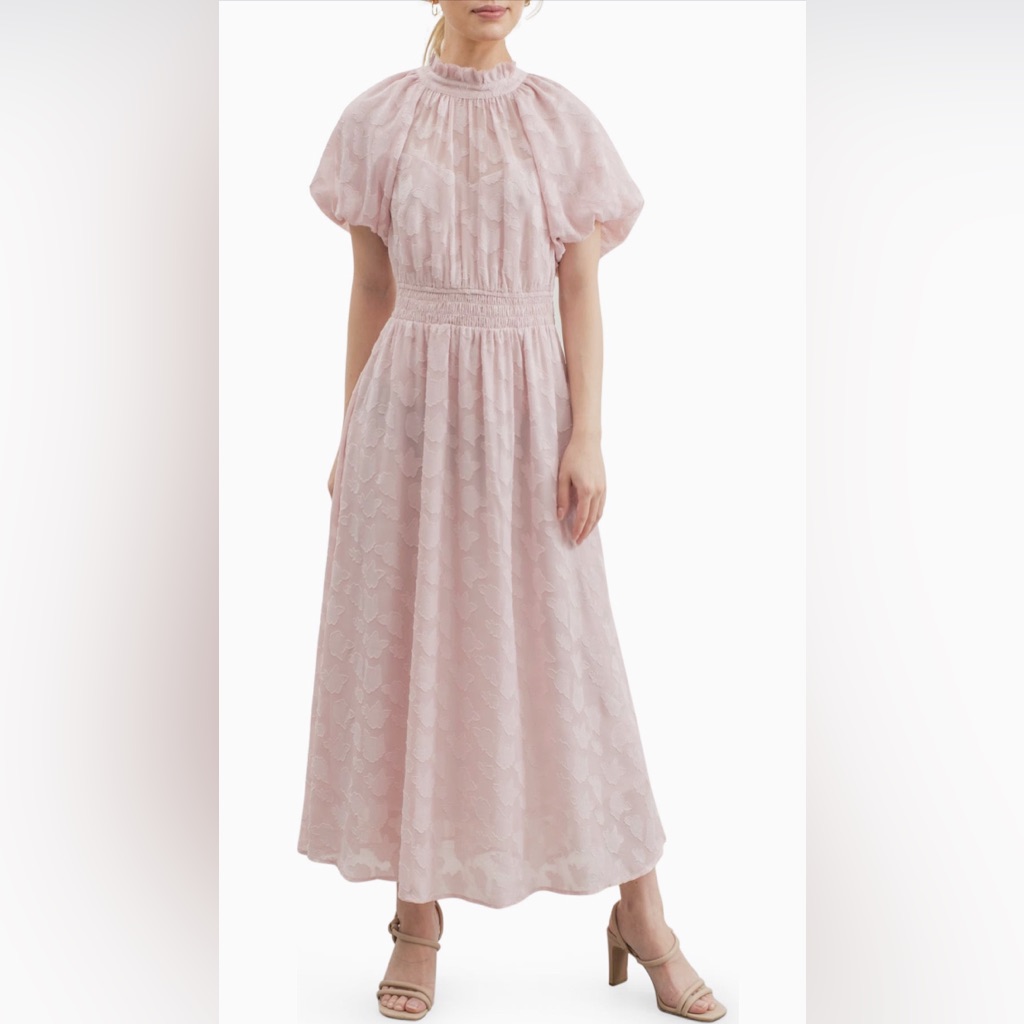 Zoe And Claire Pink Ruffle Collar Puff Sleeve Floral Maxi Dress